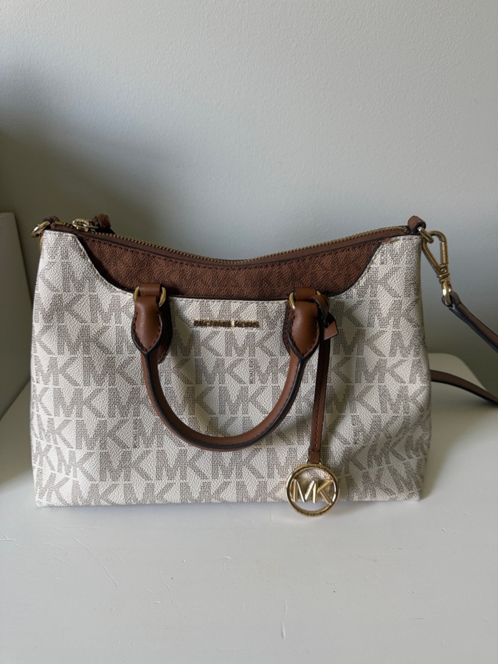 Michael Kors Vanilla and Brown MK Logo Satchel with Gold Accent
